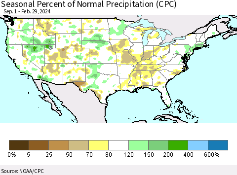 United States Seasonal Percent of Normal Precipitation (CPC) Thematic Map For 9/1/2023 - 2/29/2024