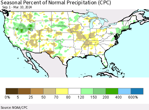 United States Seasonal Percent of Normal Precipitation (CPC) Thematic Map For 9/1/2023 - 3/10/2024