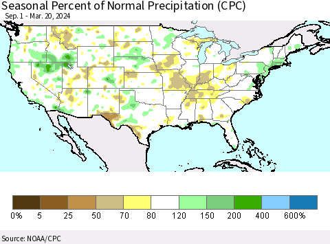 United States Seasonal Percent of Normal Precipitation (CPC) Thematic Map For 9/1/2023 - 3/20/2024