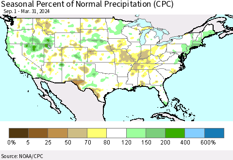 United States Seasonal Percent of Normal Precipitation (CPC) Thematic Map For 9/1/2023 - 3/31/2024
