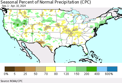 United States Seasonal Percent of Normal Precipitation (CPC) Thematic Map For 9/1/2023 - 4/10/2024