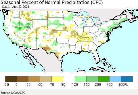 United States Seasonal Percent of Normal Precipitation (CPC) Thematic Map For 9/1/2023 - 4/20/2024