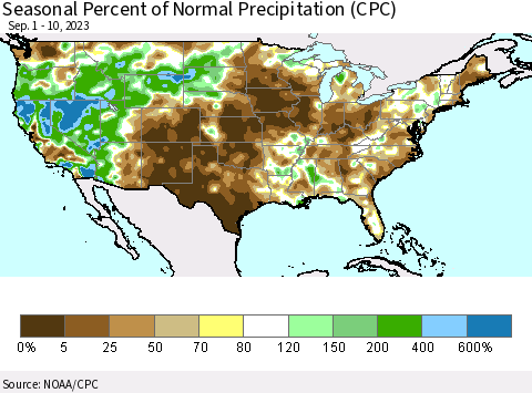 United States Seasonal Percent of Normal Precipitation (CPC) Thematic Map For 9/1/2023 - 9/10/2023
