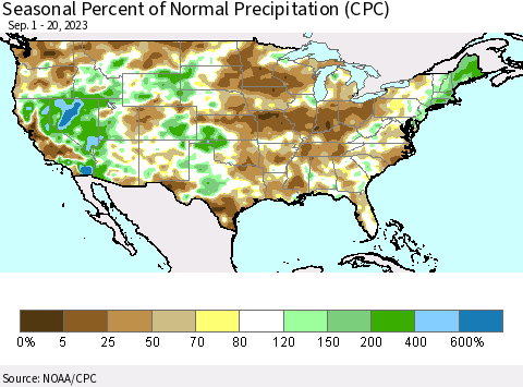 United States Seasonal Percent of Normal Precipitation (CPC) Thematic Map For 9/1/2023 - 9/20/2023