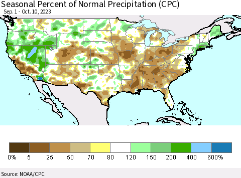 United States Seasonal Percent of Normal Precipitation (CPC) Thematic Map For 9/1/2023 - 10/10/2023