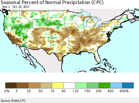United States Seasonal Percent of Normal Precipitation (CPC) Thematic Map For 9/1/2023 - 10/20/2023