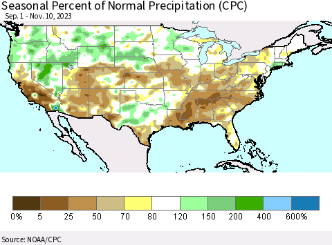 United States Seasonal Percent of Normal Precipitation (CPC) Thematic Map For 9/1/2023 - 11/10/2023