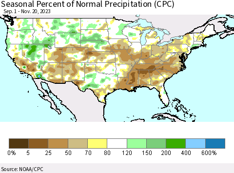 United States Seasonal Percent of Normal Precipitation (CPC) Thematic Map For 9/1/2023 - 11/20/2023