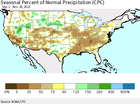 United States Seasonal Percent of Normal Precipitation (CPC) Thematic Map For 9/1/2023 - 11/30/2023