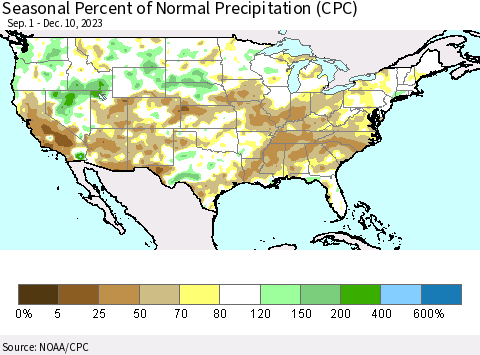 United States Seasonal Percent of Normal Precipitation (CPC) Thematic Map For 9/1/2023 - 12/10/2023