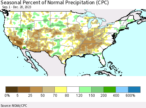 United States Seasonal Percent of Normal Precipitation (CPC) Thematic Map For 9/1/2023 - 12/20/2023