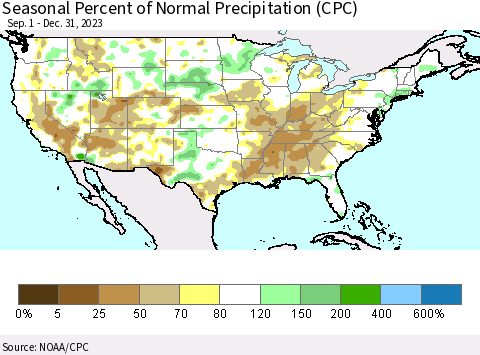United States Seasonal Percent of Normal Precipitation (CPC) Thematic Map For 9/1/2023 - 12/31/2023