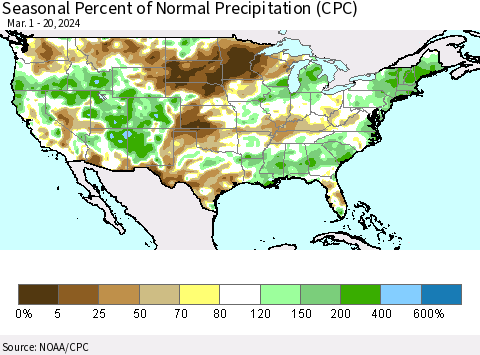 United States Seasonal Percent of Normal Precipitation (CPC) Thematic Map For 3/1/2024 - 3/20/2024