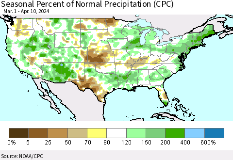 United States Seasonal Percent of Normal Precipitation (CPC) Thematic Map For 3/1/2024 - 4/10/2024