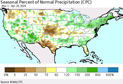 United States Seasonal Percent of Normal Precipitation (CPC) Thematic Map For 3/1/2024 - 4/20/2024