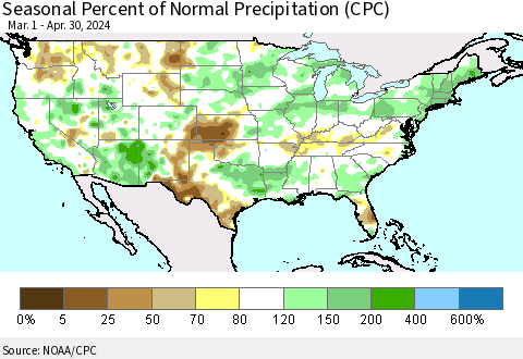 United States Seasonal Percent of Normal Precipitation (CPC) Thematic Map For 3/1/2024 - 4/30/2024