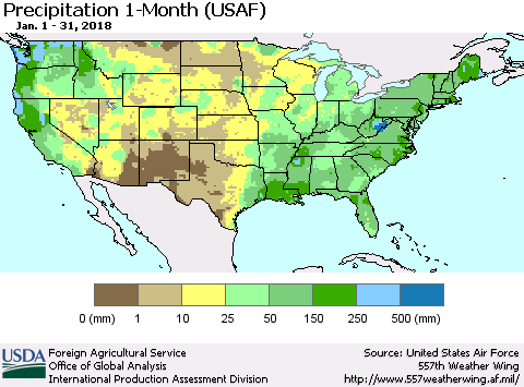 United States Precipitation 1-Month (USAF) Thematic Map For 1/1/2018 - 1/31/2018