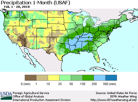 United States Precipitation 1-Month (USAF) Thematic Map For 2/1/2018 - 2/28/2018