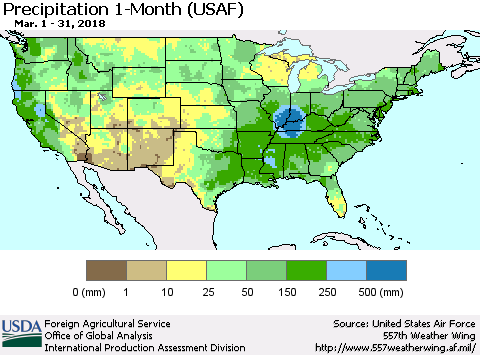 United States Precipitation 1-Month (USAF) Thematic Map For 3/1/2018 - 3/31/2018