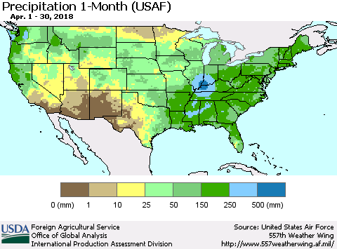 United States Precipitation 1-Month (USAF) Thematic Map For 4/1/2018 - 4/30/2018