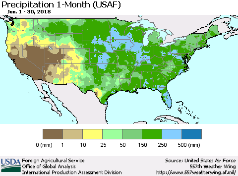 United States Precipitation 1-Month (USAF) Thematic Map For 6/1/2018 - 6/30/2018