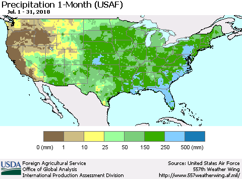 United States Precipitation 1-Month (USAF) Thematic Map For 7/1/2018 - 7/31/2018