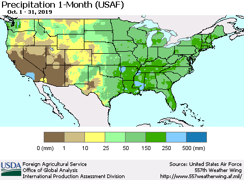 United States Precipitation 1-Month (USAF) Thematic Map For 10/1/2019 - 10/31/2019