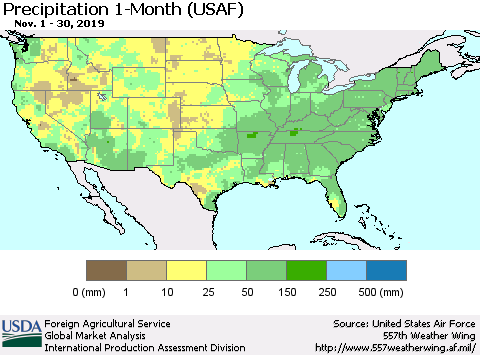United States Precipitation 1-Month (USAF) Thematic Map For 11/1/2019 - 11/30/2019