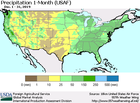 United States Precipitation 1-Month (USAF) Thematic Map For 12/1/2019 - 12/31/2019