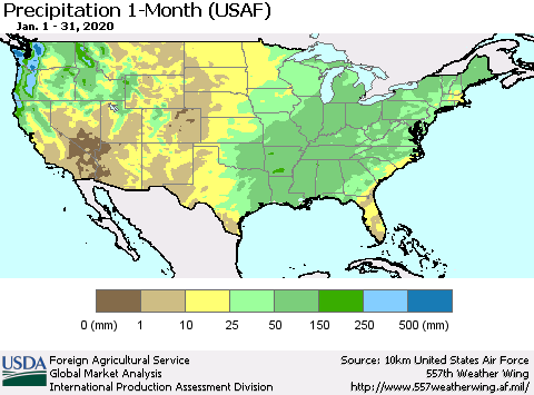 United States Precipitation 1-Month (USAF) Thematic Map For 1/1/2020 - 1/31/2020