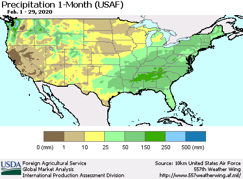 United States Precipitation 1-Month (USAF) Thematic Map For 2/1/2020 - 2/29/2020
