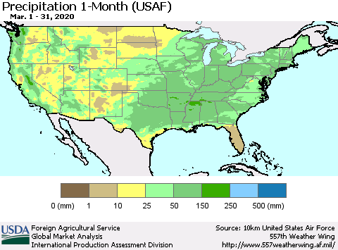 United States Precipitation 1-Month (USAF) Thematic Map For 3/1/2020 - 3/31/2020
