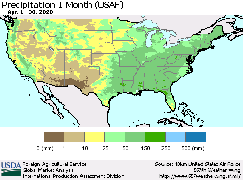 United States Precipitation 1-Month (USAF) Thematic Map For 4/1/2020 - 4/30/2020