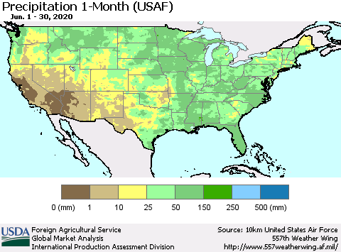 United States Precipitation 1-Month (USAF) Thematic Map For 6/1/2020 - 6/30/2020