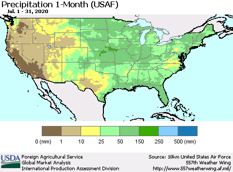 United States Precipitation 1-Month (USAF) Thematic Map For 7/1/2020 - 7/31/2020