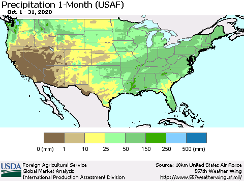 United States Precipitation 1-Month (USAF) Thematic Map For 10/1/2020 - 10/31/2020
