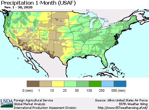United States Precipitation 1-Month (USAF) Thematic Map For 11/1/2020 - 11/30/2020