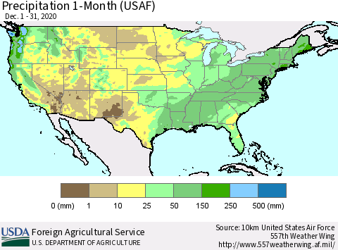 United States Precipitation 1-Month (USAF) Thematic Map For 12/1/2020 - 12/31/2020