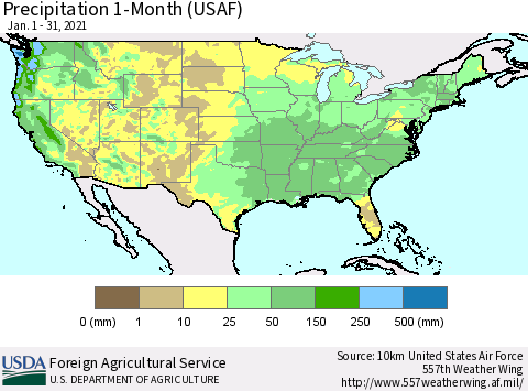United States Precipitation 1-Month (USAF) Thematic Map For 1/1/2021 - 1/31/2021