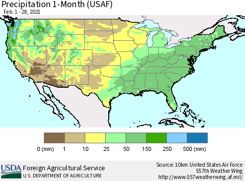 United States Precipitation 1-Month (USAF) Thematic Map For 2/1/2021 - 2/28/2021