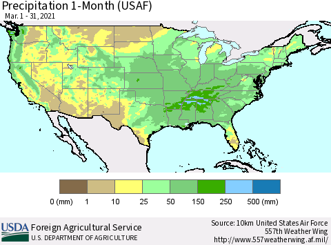United States Precipitation 1-Month (USAF) Thematic Map For 3/1/2021 - 3/31/2021