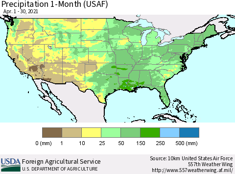 United States Precipitation 1-Month (USAF) Thematic Map For 4/1/2021 - 4/30/2021