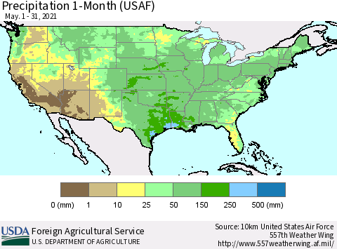 United States Precipitation 1-Month (USAF) Thematic Map For 5/1/2021 - 5/31/2021