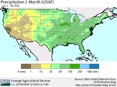 United States Precipitation 1-Month (USAF) Thematic Map For 6/1/2021 - 6/30/2021