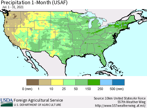 United States Precipitation 1-Month (USAF) Thematic Map For 7/1/2021 - 7/31/2021