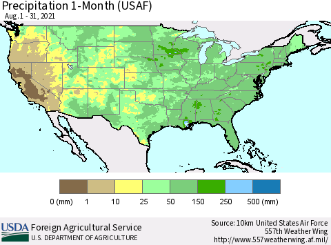 United States Precipitation 1-Month (USAF) Thematic Map For 8/1/2021 - 8/31/2021