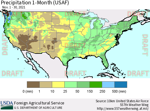 United States Precipitation 1-Month (USAF) Thematic Map For 11/1/2021 - 11/30/2021