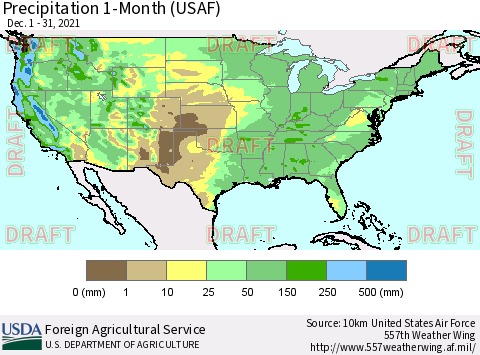 United States Precipitation 1-Month (USAF) Thematic Map For 12/1/2021 - 12/31/2021