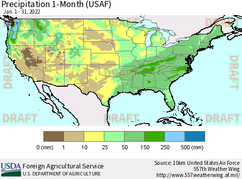 United States Precipitation 1-Month (USAF) Thematic Map For 1/1/2022 - 1/31/2022