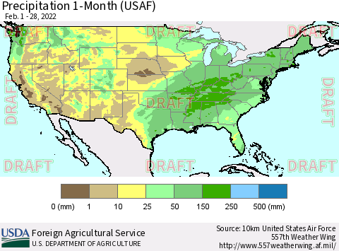 United States Precipitation 1-Month (USAF) Thematic Map For 2/1/2022 - 2/28/2022